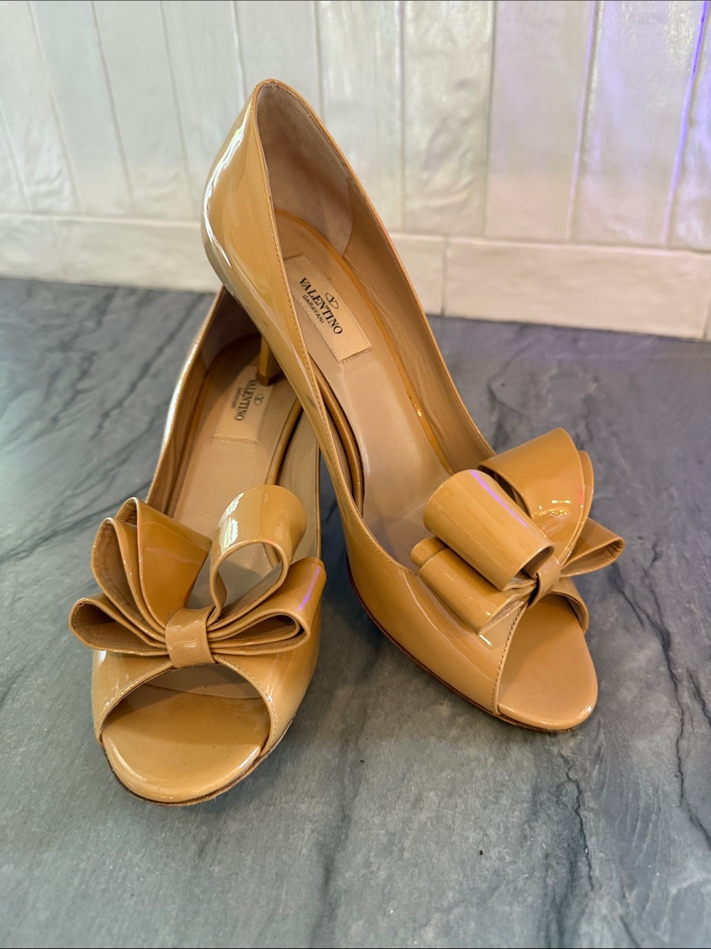 Valentino Tan Patent Peep-Toe Bow Pumps